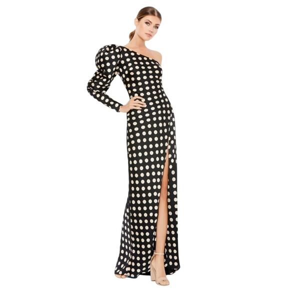MAC DUGGAL Dress Size 12 Evening Gown NEW Black Cream One Sleeve Polka Dot - Picture 1 of 9
